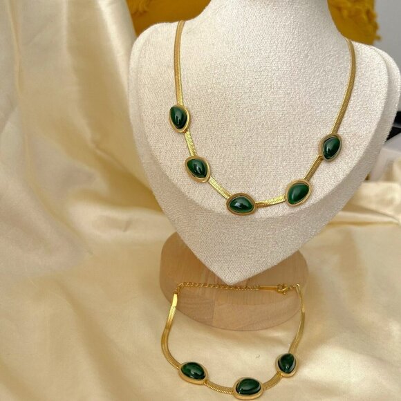 18K Gold Plated green Emerald Necklace SET Stainless Steel womens jewelry green - Picture 9 of 13